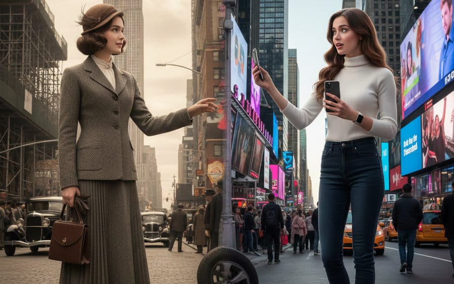 Split-Screen Cinematic Time Travel Prompt