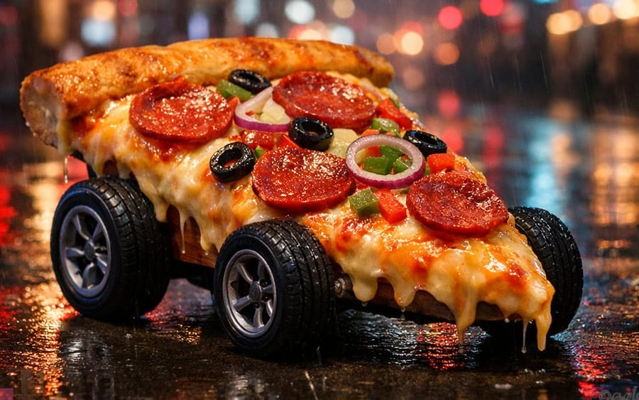 Surreal Cyberpunk Pizza Car Prompt