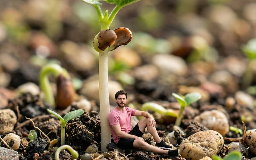 Surreal Macro-Fantasy: Tiny Man and Giant Bean Sprout