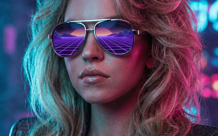 Retrato Synthwave Retrofuturista dos Anos 80 de Sydney Sweeney