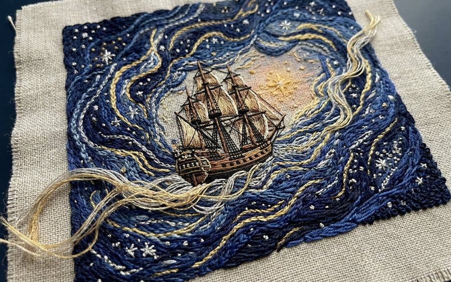 Tapiz bordado táctil de un barco en nebulosas