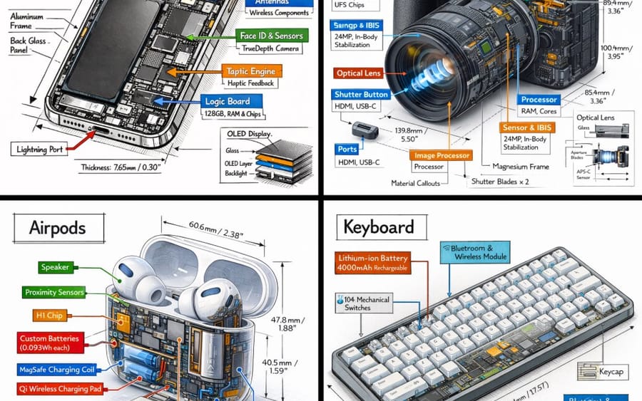 Infographie technique isométrique en vue éclatée