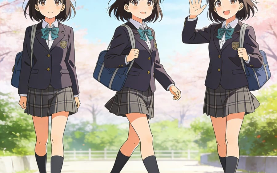 Prompt de cohérence pour une fille anime en trois poses