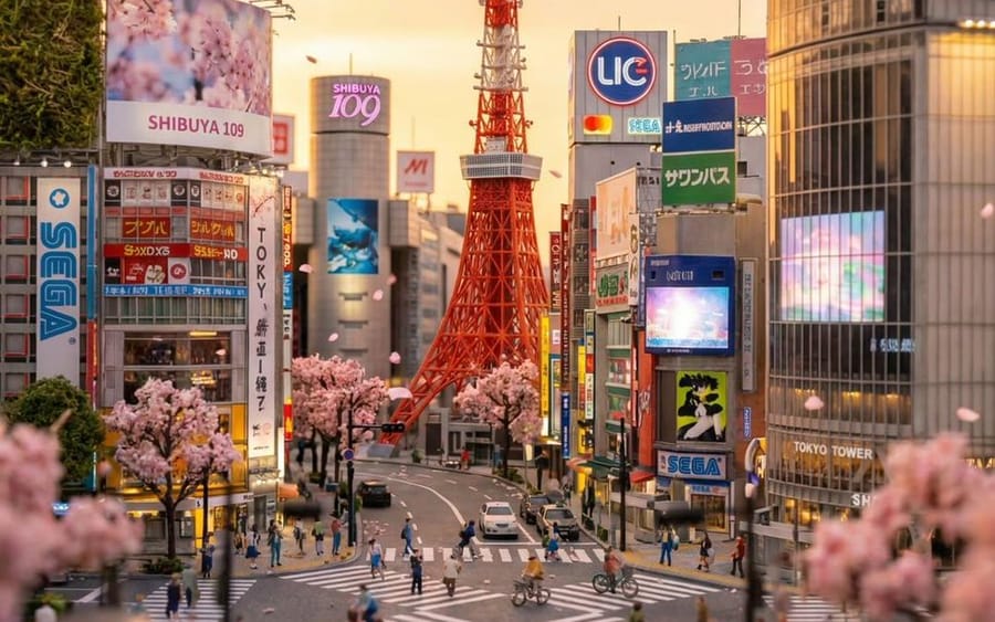 Diorama miniature façon tilt-shift de Tokyo