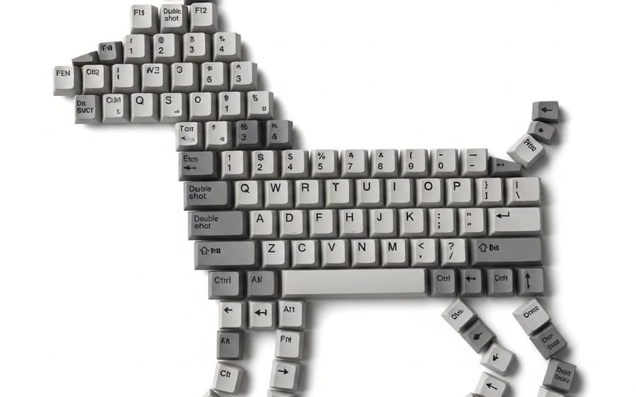 Vue de dessus à plat d'un chien formé de touches de clavier
