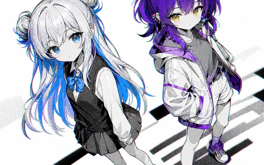Deux filles style anime aux cheveux éclatants