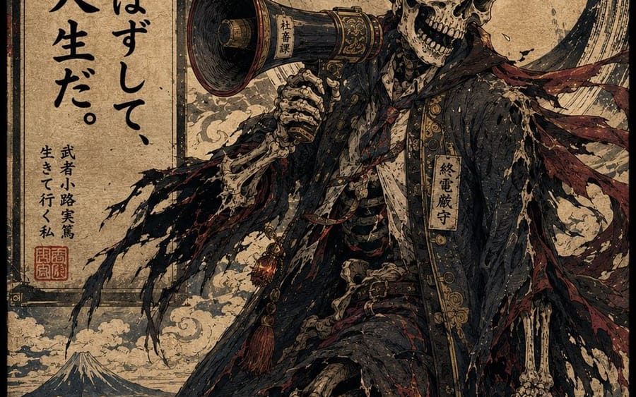 Pôster com Citação de Salaryman Esqueleto em Estilo Ukiyo-e