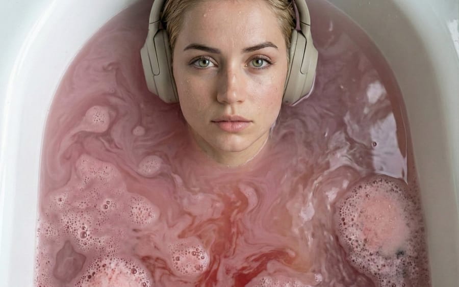 Ultra-Photorealistic Cinematic Portrait in a Bathtub with Noise-Canceling Headphones