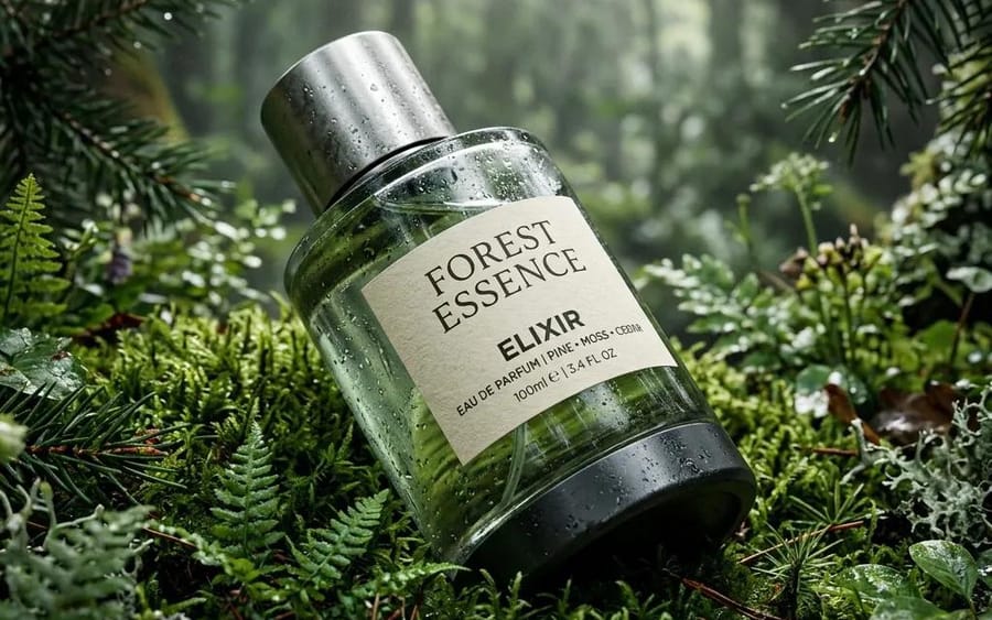 Photo de produit ultra-réaliste du parfum Forest Essence Elixir