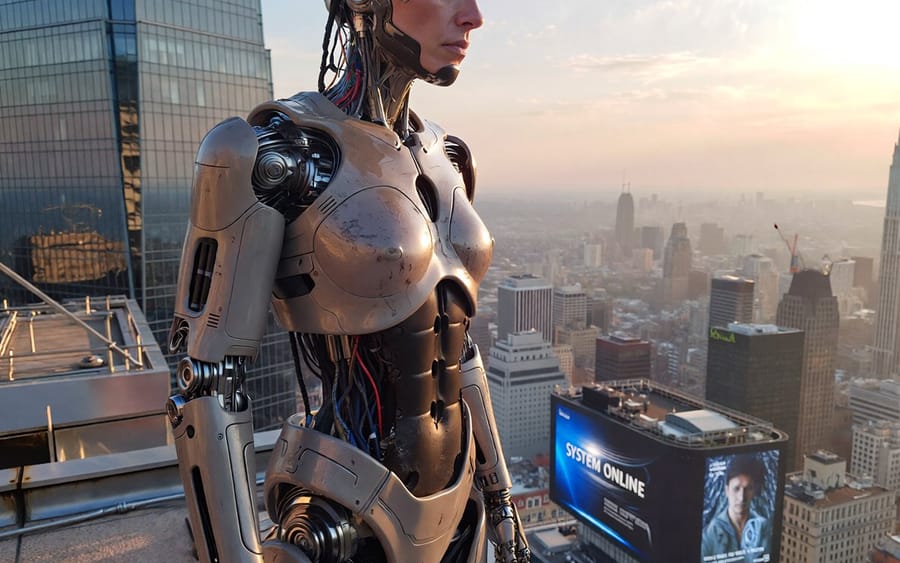 Ultra-Realistic Humanoid Robot on Rooftop