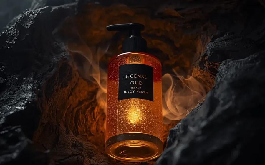 Photo de produit ultra-réaliste de gel douche Incense Oud