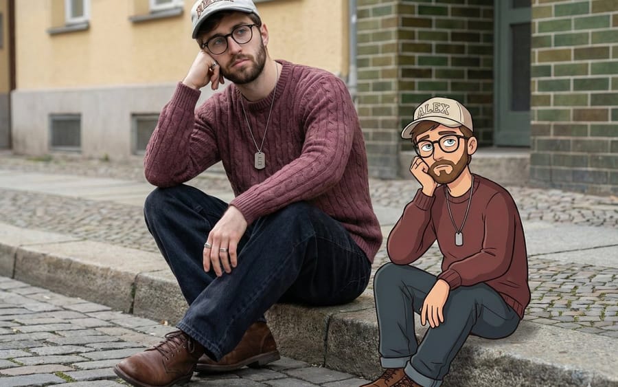 Urban Street Portrait with Cartoon Inner Self Duo