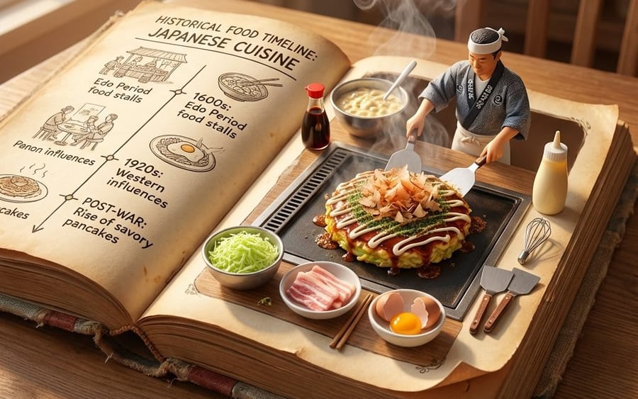 Vintage Cookbook Food Scene Template (Okonomiyaki)