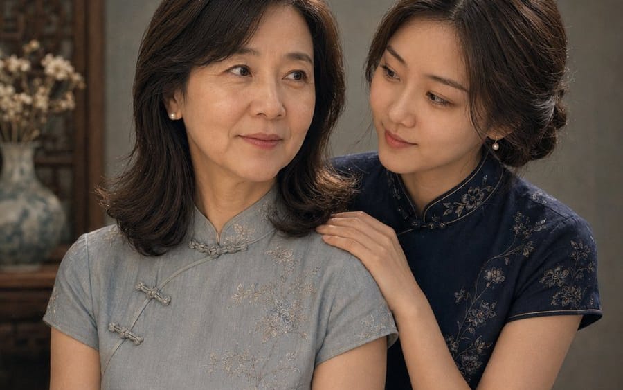 Retrato Vintage de Mãe e Filha de Qipao