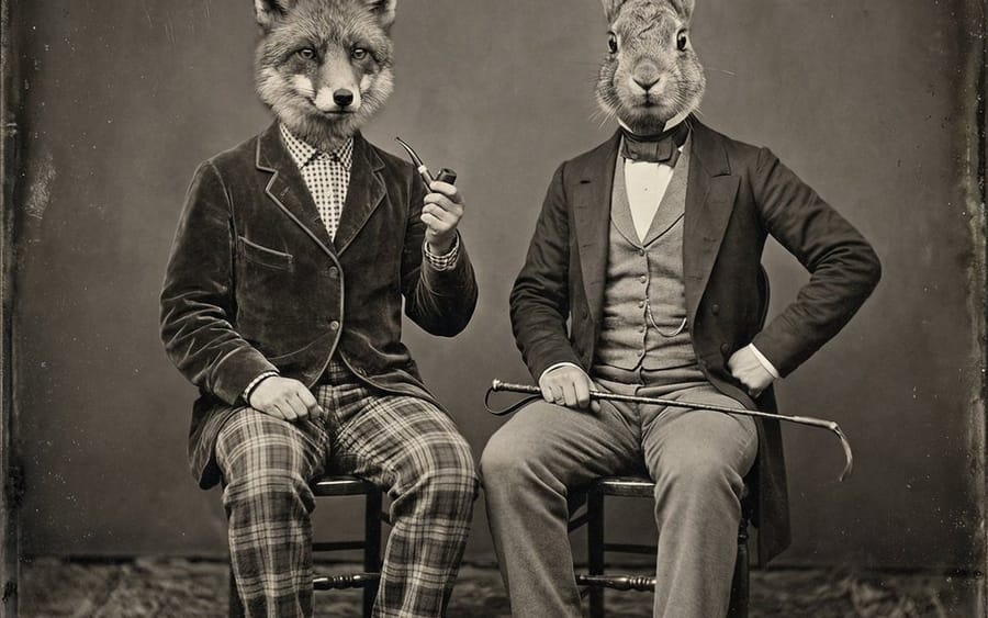 Vintage Sepia-Toned Portrait with Animal Heads