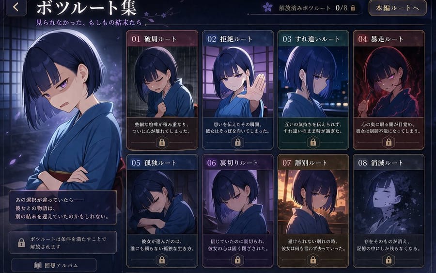 Interface utilisateur des routes rejetées d'un visual novel