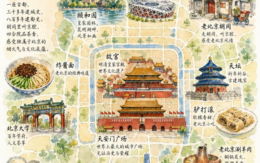 Pôster de Mapa de Viagem em Aquarela de Pequim