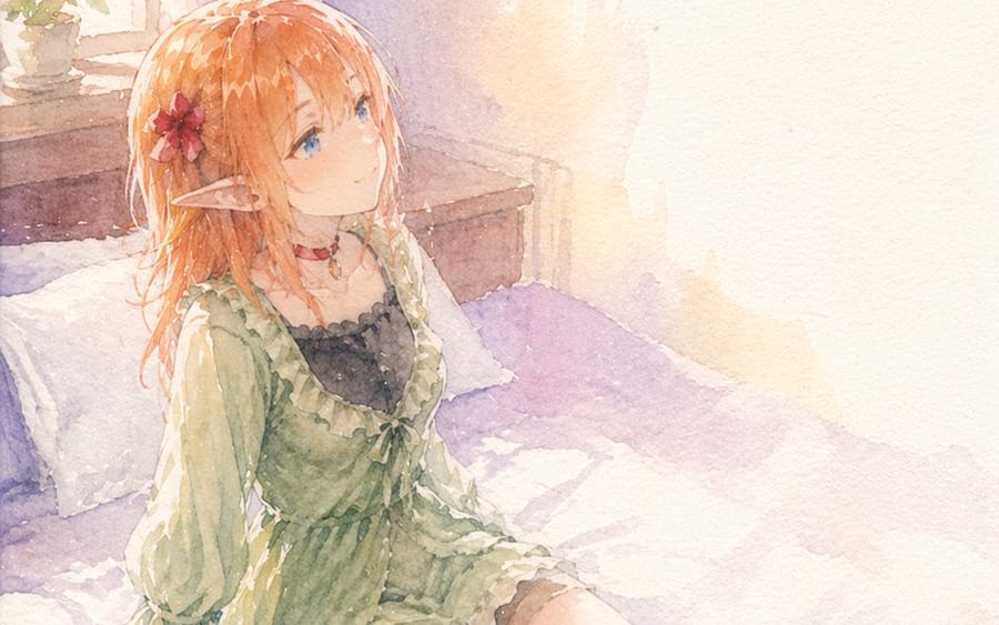 Fille elfe à l'aquarelle sur un lit baigné de soleil