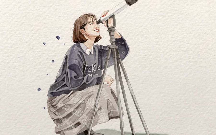 Illustration à l'aquarelle d'une femme avec un télescope