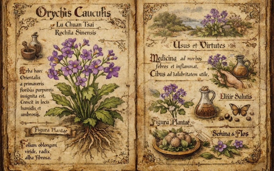 Western Manuscript Style Illustration for 'Orychophragmus violaceus'