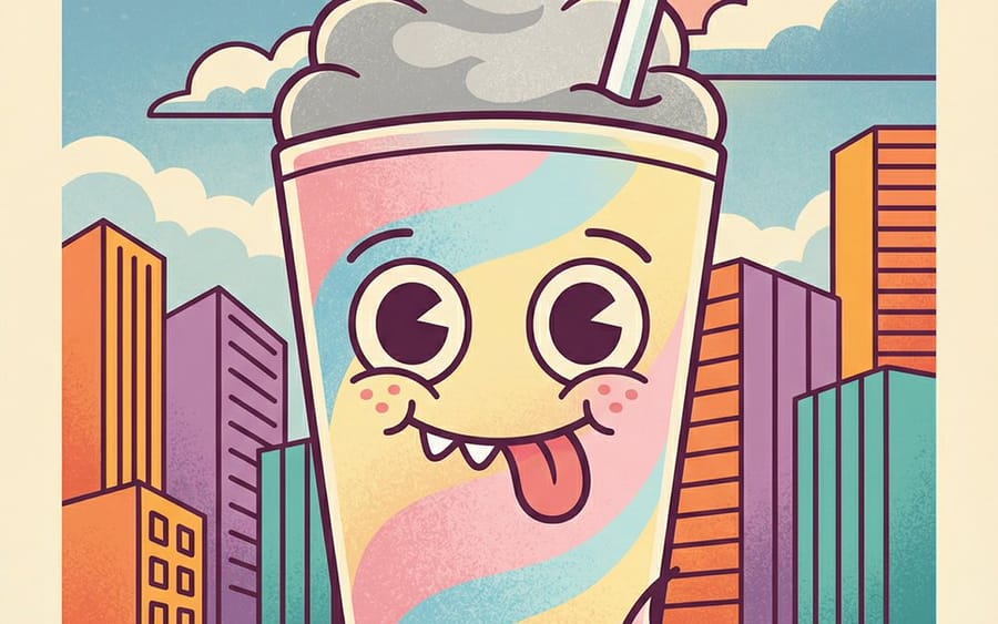 Skurriler Cartoon-Milchshake mit Stadtsilhouette im Hintergrund