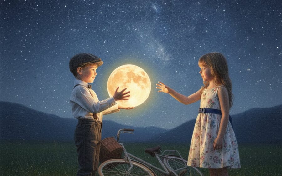 Whimsical Fantasy: Kids Holding a Glowing Moon (JSON)