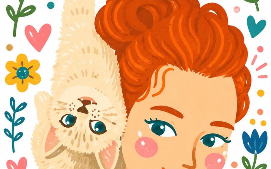 Illustration fantaisiste d'une jeune fille et d'un chaton peinte à la main