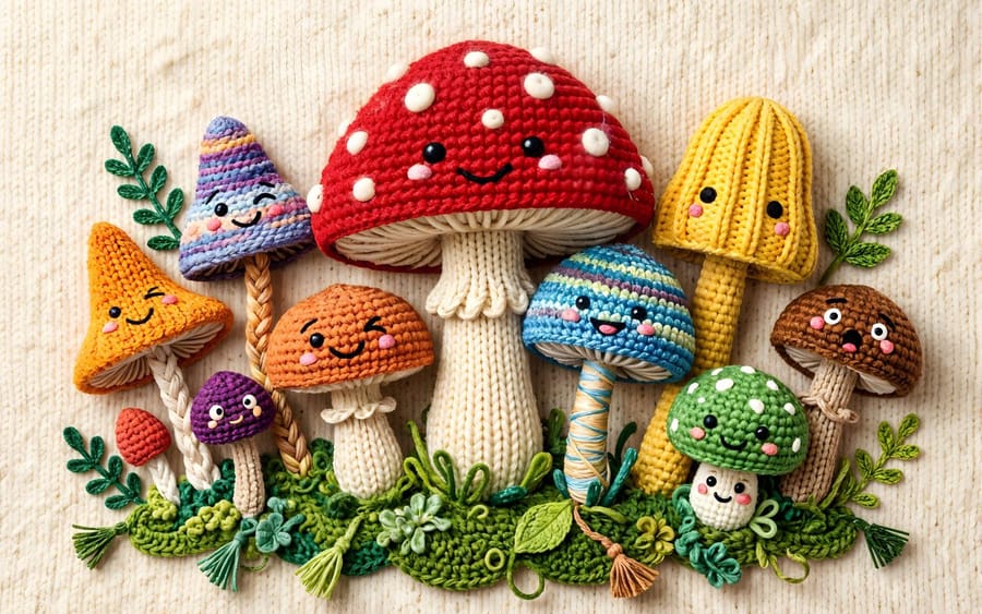 Whimsical Yarn Style Mushrooms