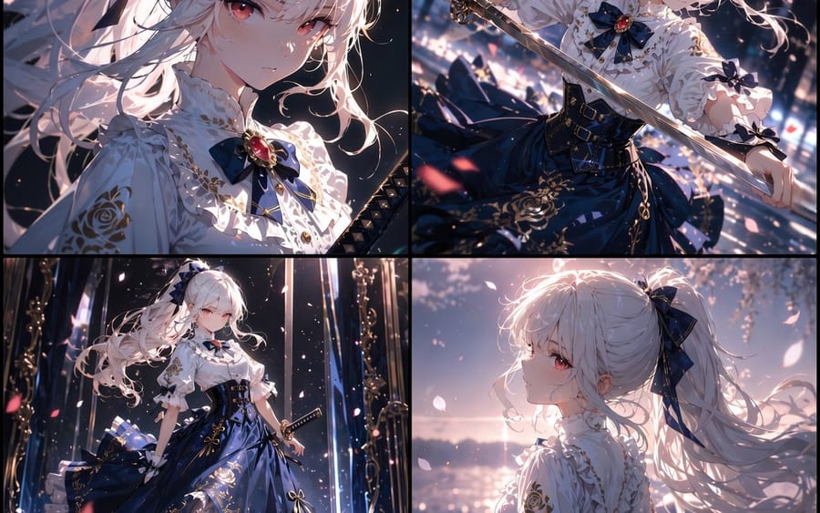 Hoja de 4 paneles de elegante espadachina de anime