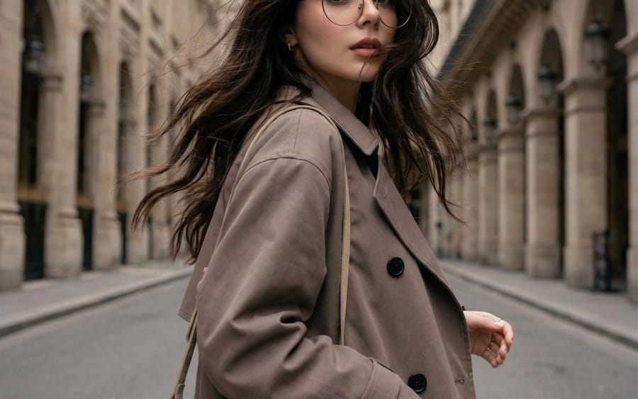 Mulher ao vento usando um trench coat em uma rua europeia