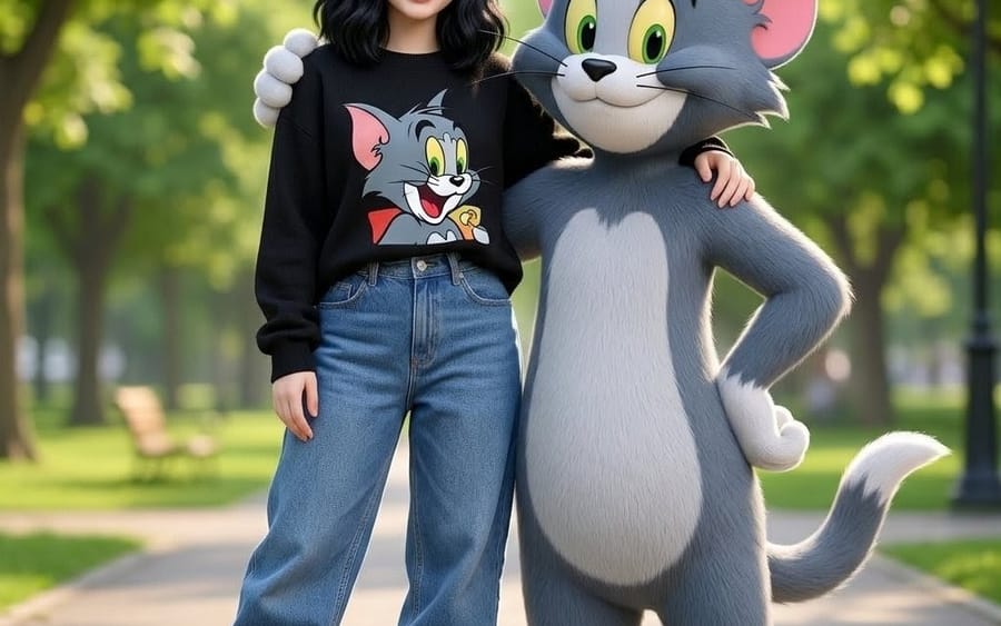Mulher posando com um gato Tom em tamanho real