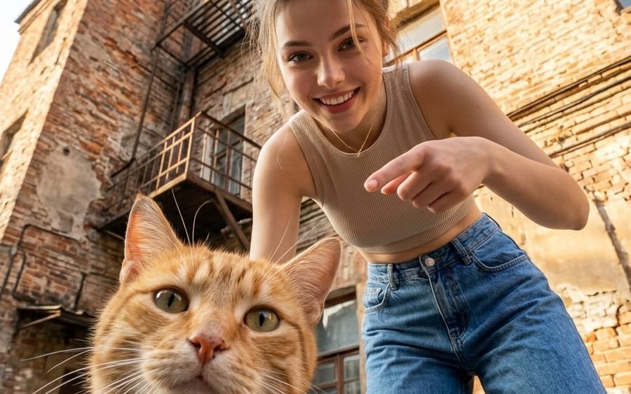 Urbanes Katzenporträt aus der Froschperspektive