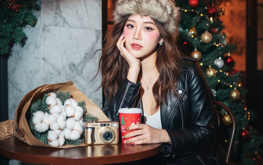 Y2K Flash Portrait at Christmas Cafe