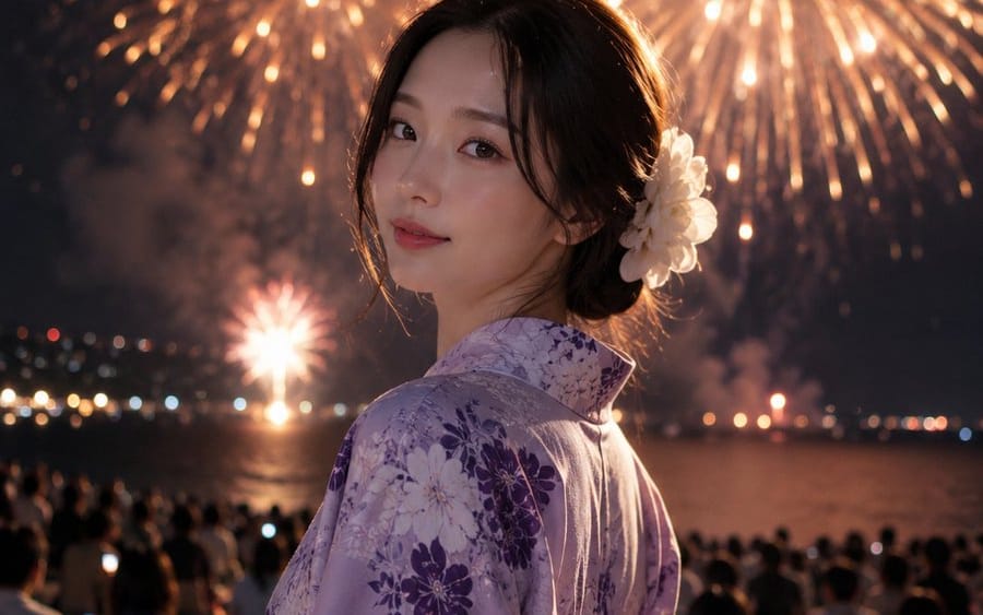 Yukata japonês elegante em festival de fogos de artifício na praia
