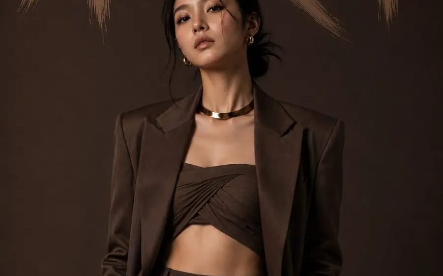 Ultra-realistic editorial fashion portrait of a confident