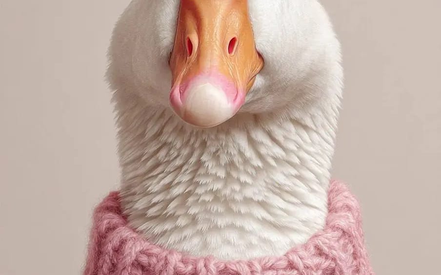 A portrait of a white goose wearing a knit Color sweater
