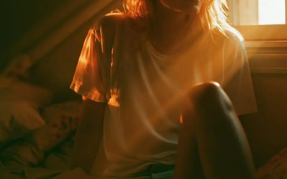 Photorealistic bedroom scene in warm late-afternoon sunlight