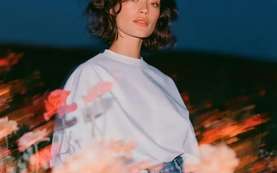 Create a cinematic fashion editorial portrait at blue hour