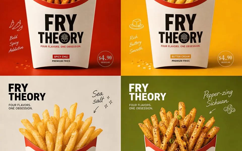 Create an ultra-premium 2x2 four-panel promotional poster