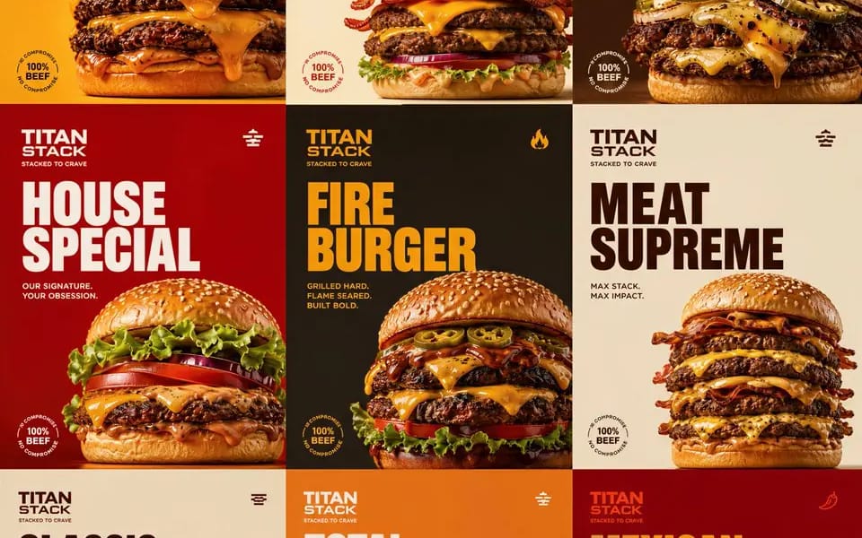 Create an ultra-premium 3x3 nine-panel burger campaign