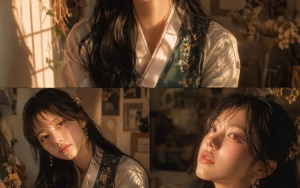 A stunning close-up portrait collage of a young Korean woman