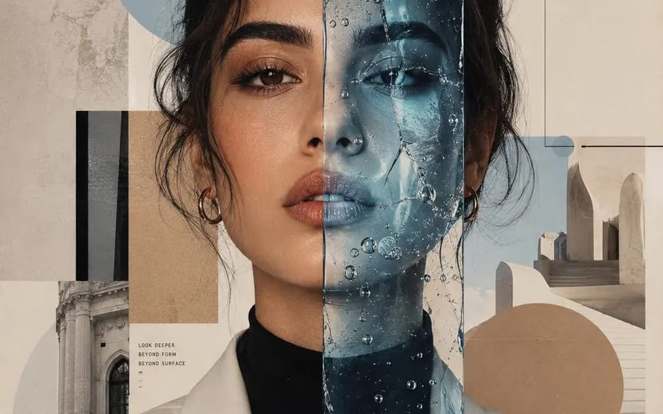 Create a museum-quality surreal editorial portrait