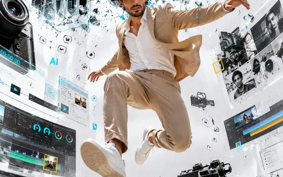 A digital creator jumping through giant floating creative