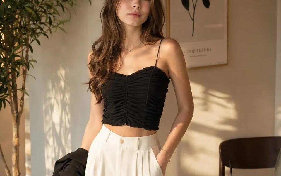 Photorealistic fashion portrait of a young woman standing