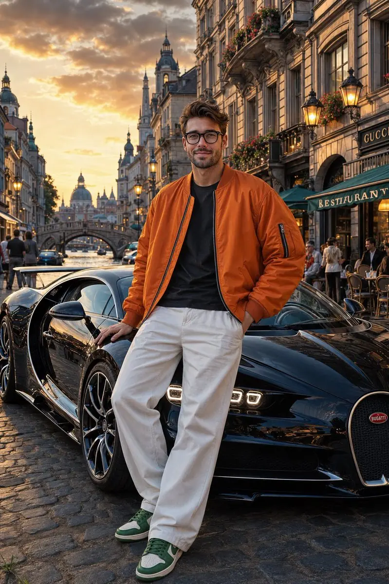 Ultra-realistic cinematic full-body portrait of the same man