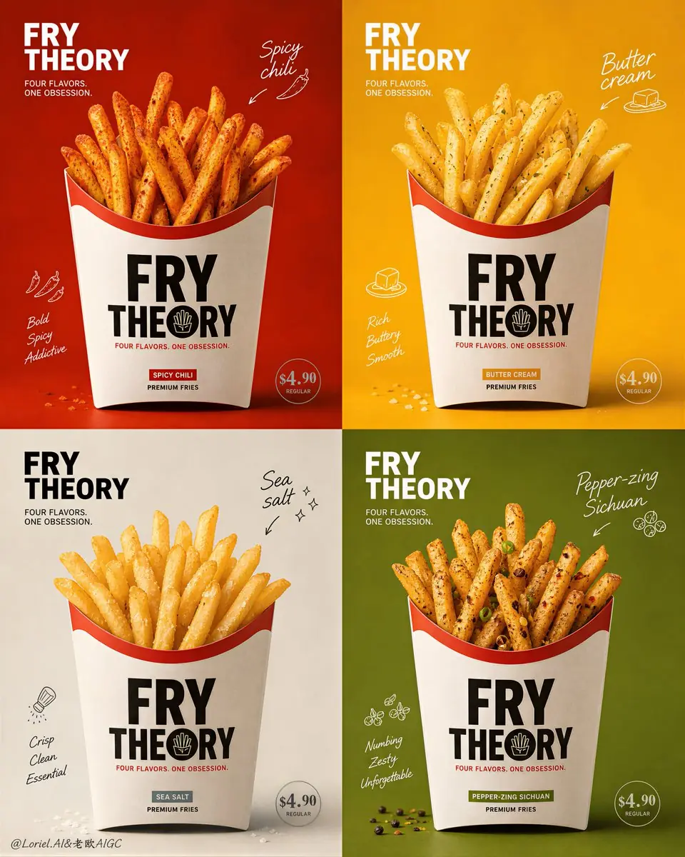 Create an ultra-premium 2x2 four-panel promotional poster