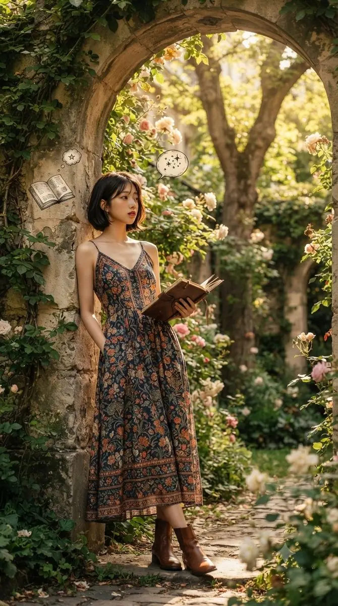 A serene literary escape amidst blooming garden ruins