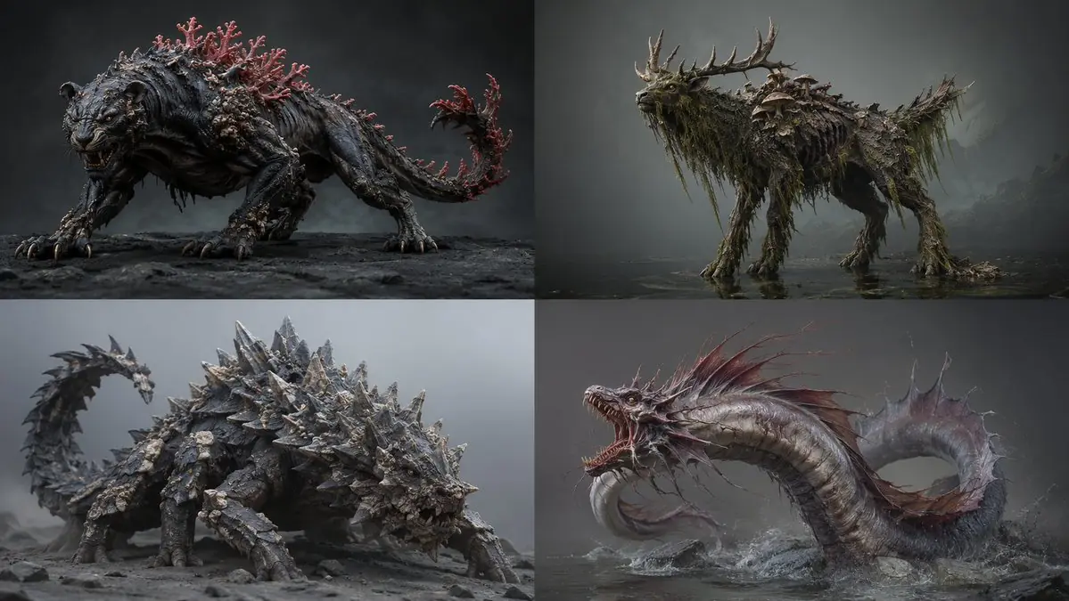 2x2 grid, 16:9 ai infers<role>lead creature concept artist