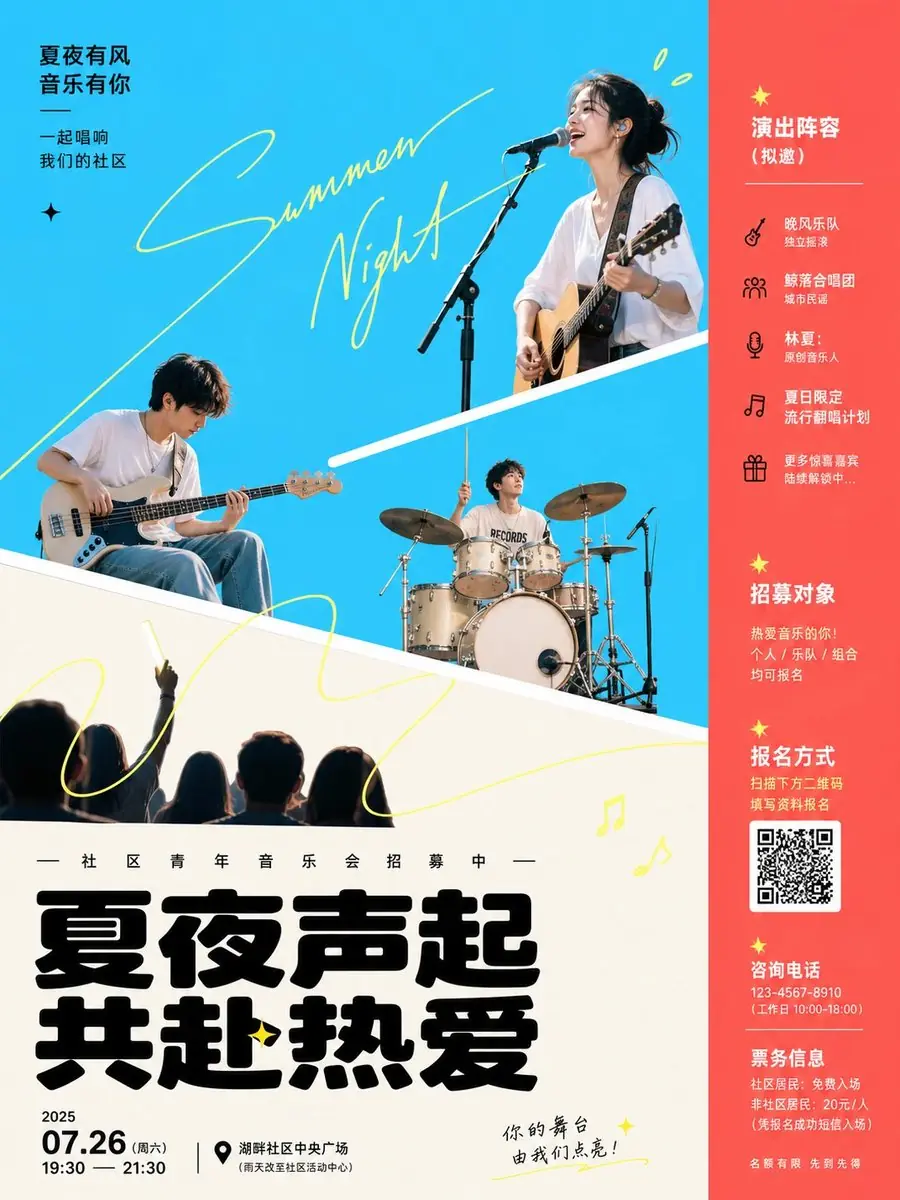 围绕 主题对象 ，采用明亮洁净的演出式图文海报处理