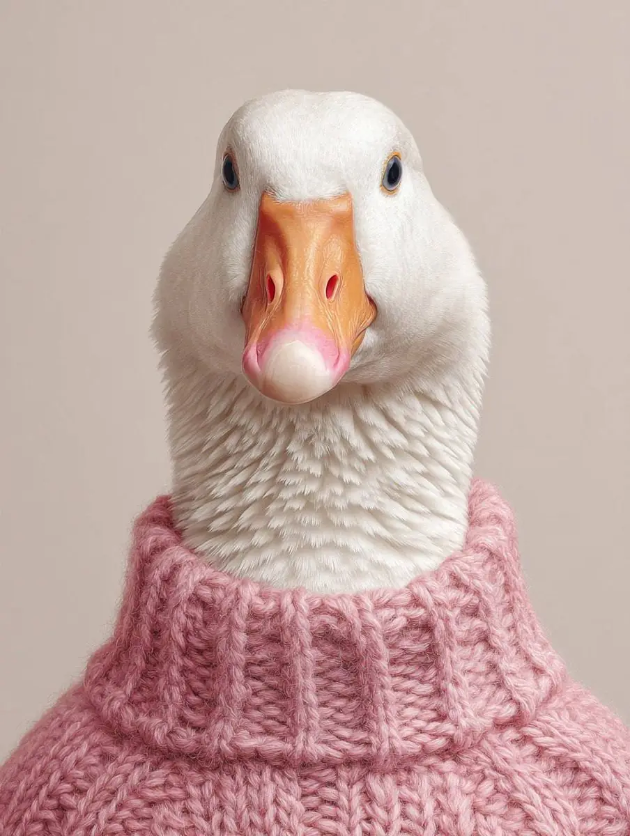 A portrait of a white goose wearing a knit Color sweater